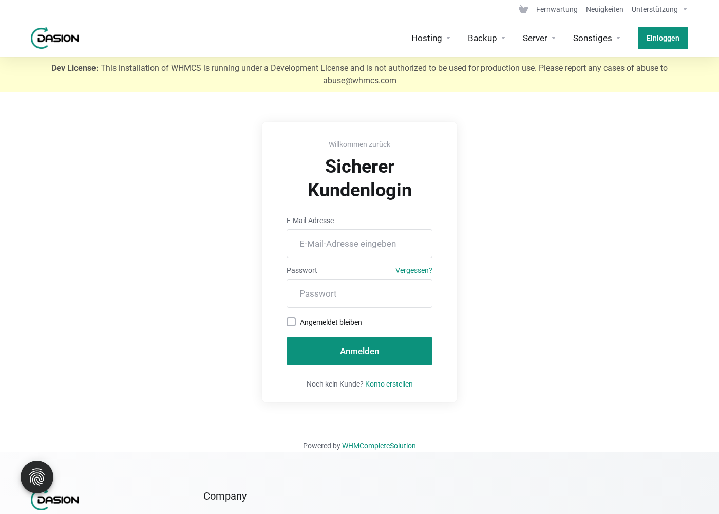 Anmeldemaske mit dem Link „Vergessen?“