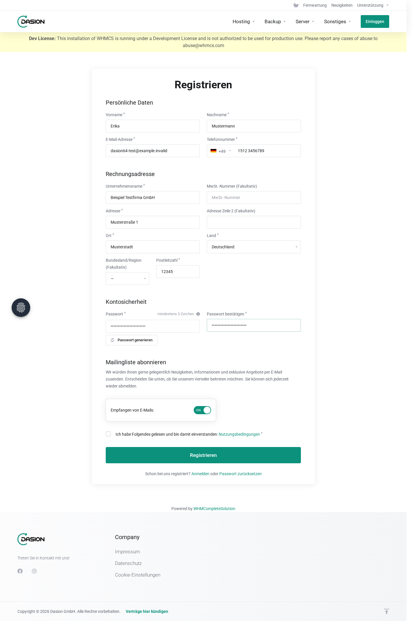 Ausgefülltes Registrierungsformular