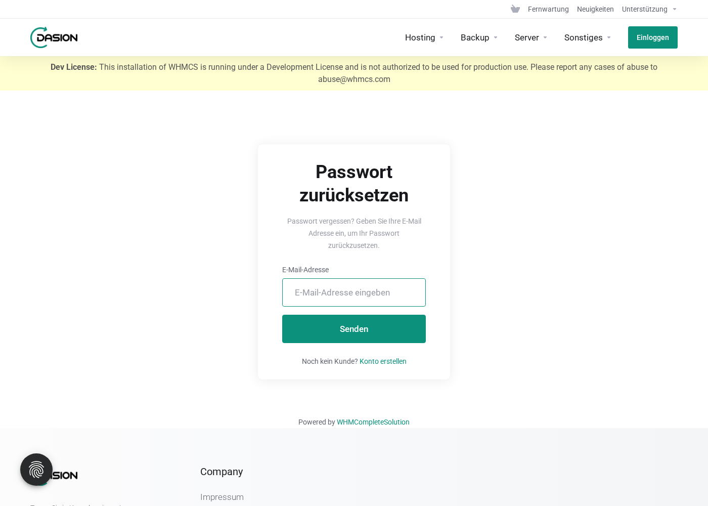 Seite Passwort zurücksetzen