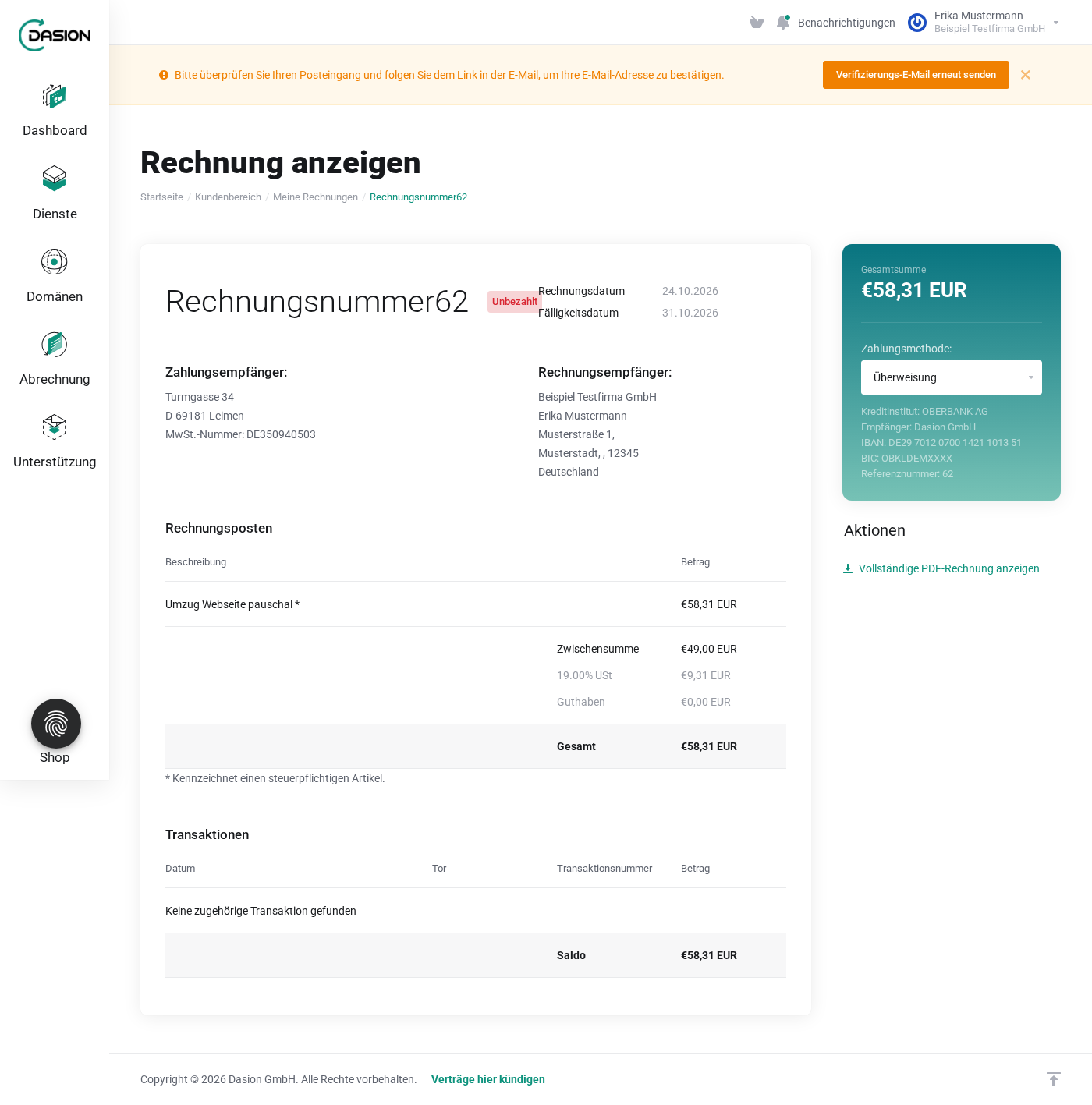 Geöffnete Rechnung mit den Aktionen