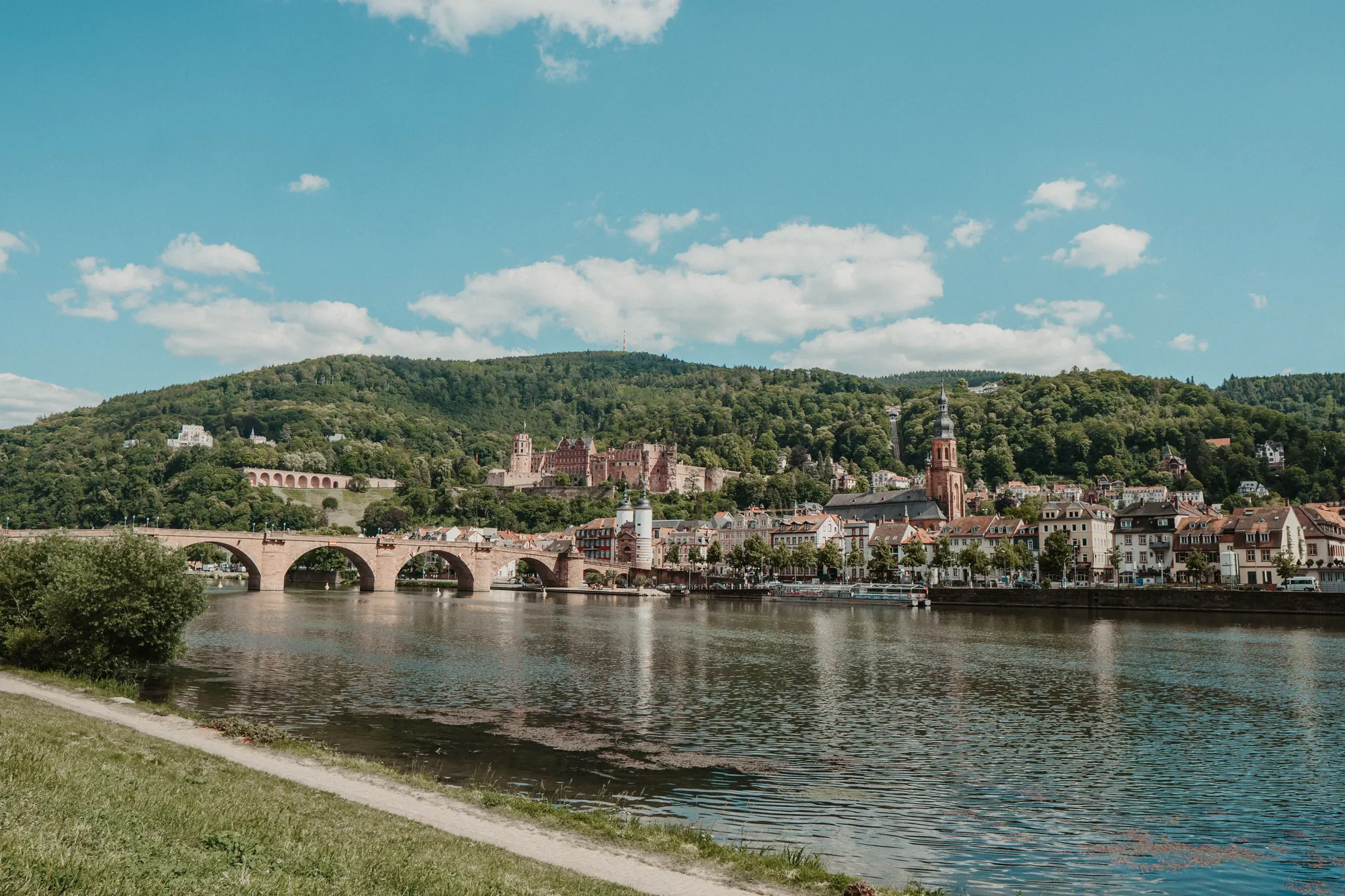 Blick über den Neckar auf die Alte Brücke mit Brückentor in Heidelberg, darüber das Schloss am Hang